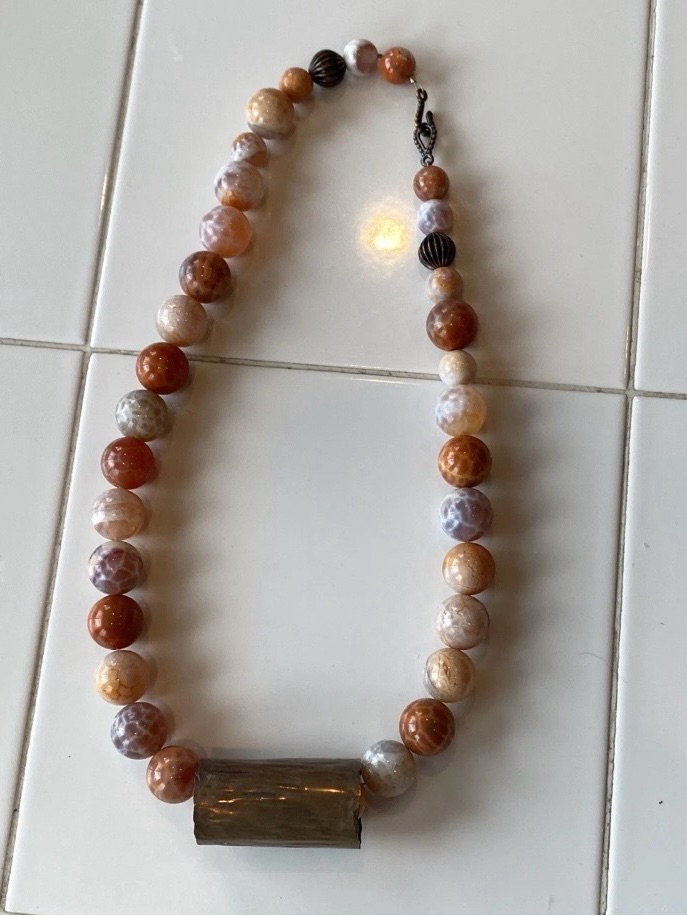 Stone Agate .5” Round Beads Multicolor Beaded Necklace 16” Barrel Copper Pendant